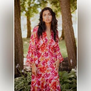 NWT Misa Los Angeles Shadi Midi Dress in Floral Burst Pink Orange sz XS